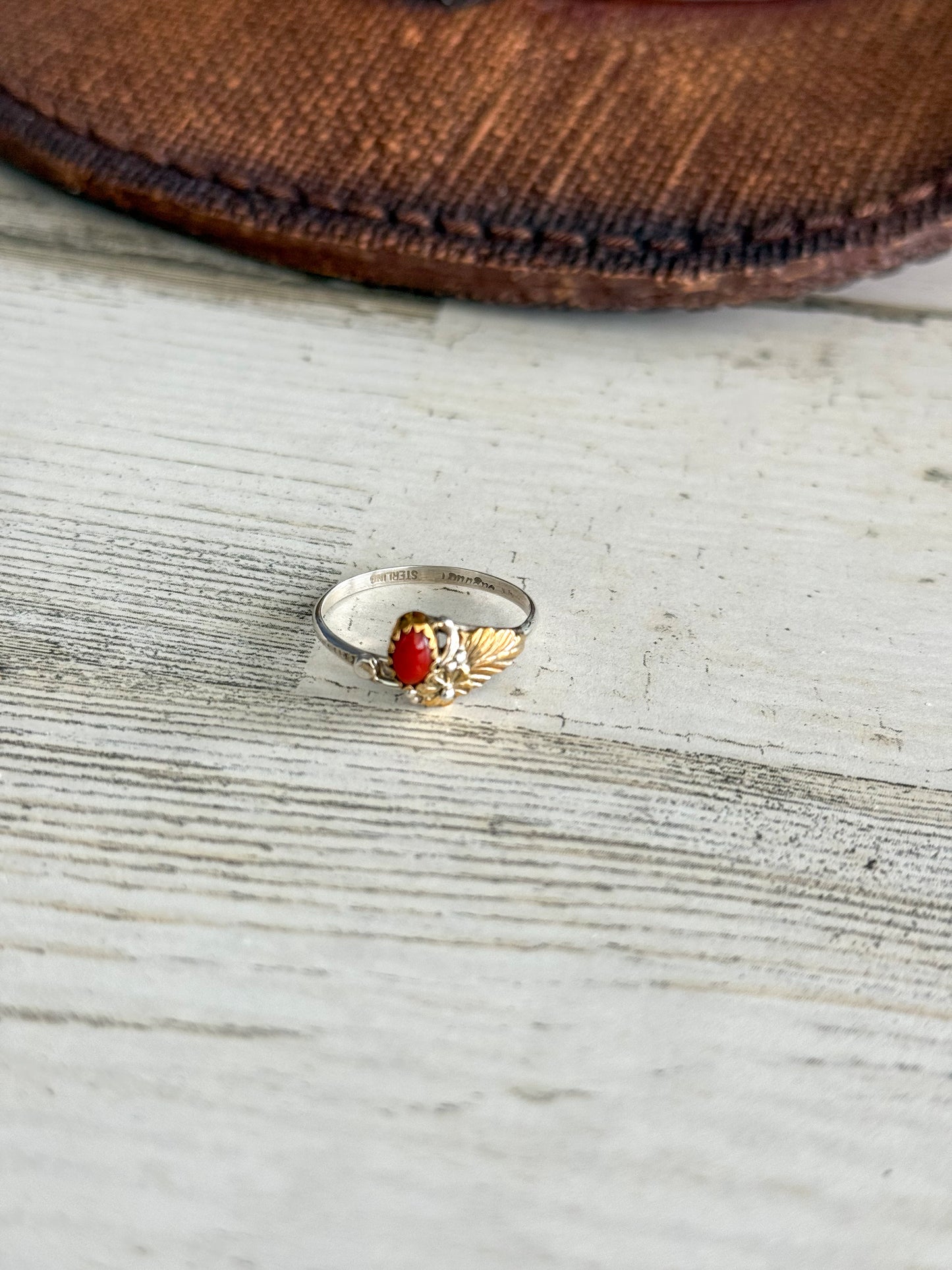 Native American Coral Sterling & Red Brass Ring 9