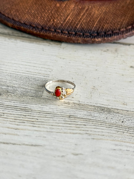 Native American Coral Sterling & Red Brass Ring 9
