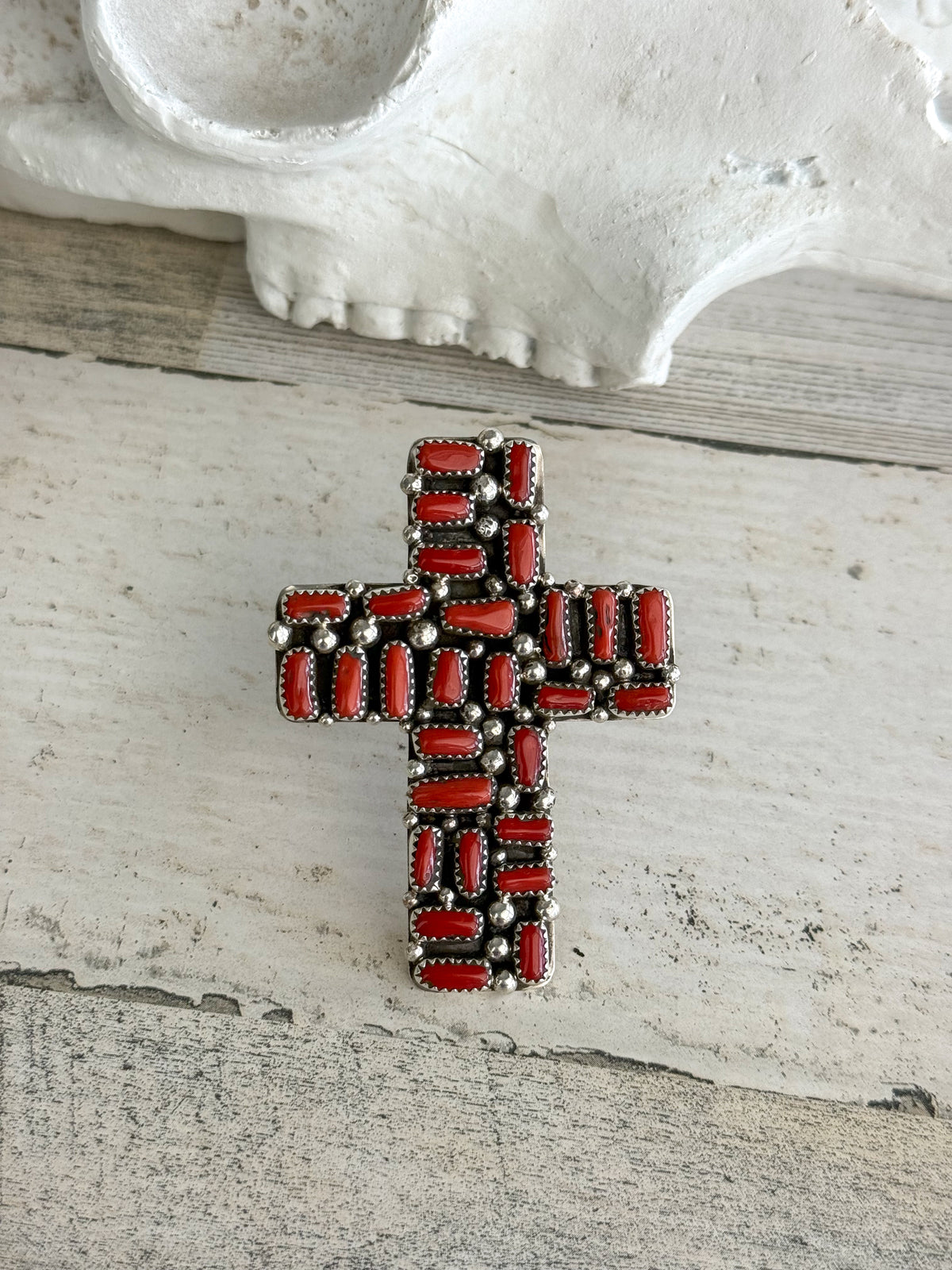 Native American Coral Cross Adjustable Ring