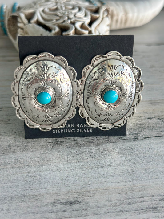 Native Made Sterling Sleeping Beauty Concho Earrings
