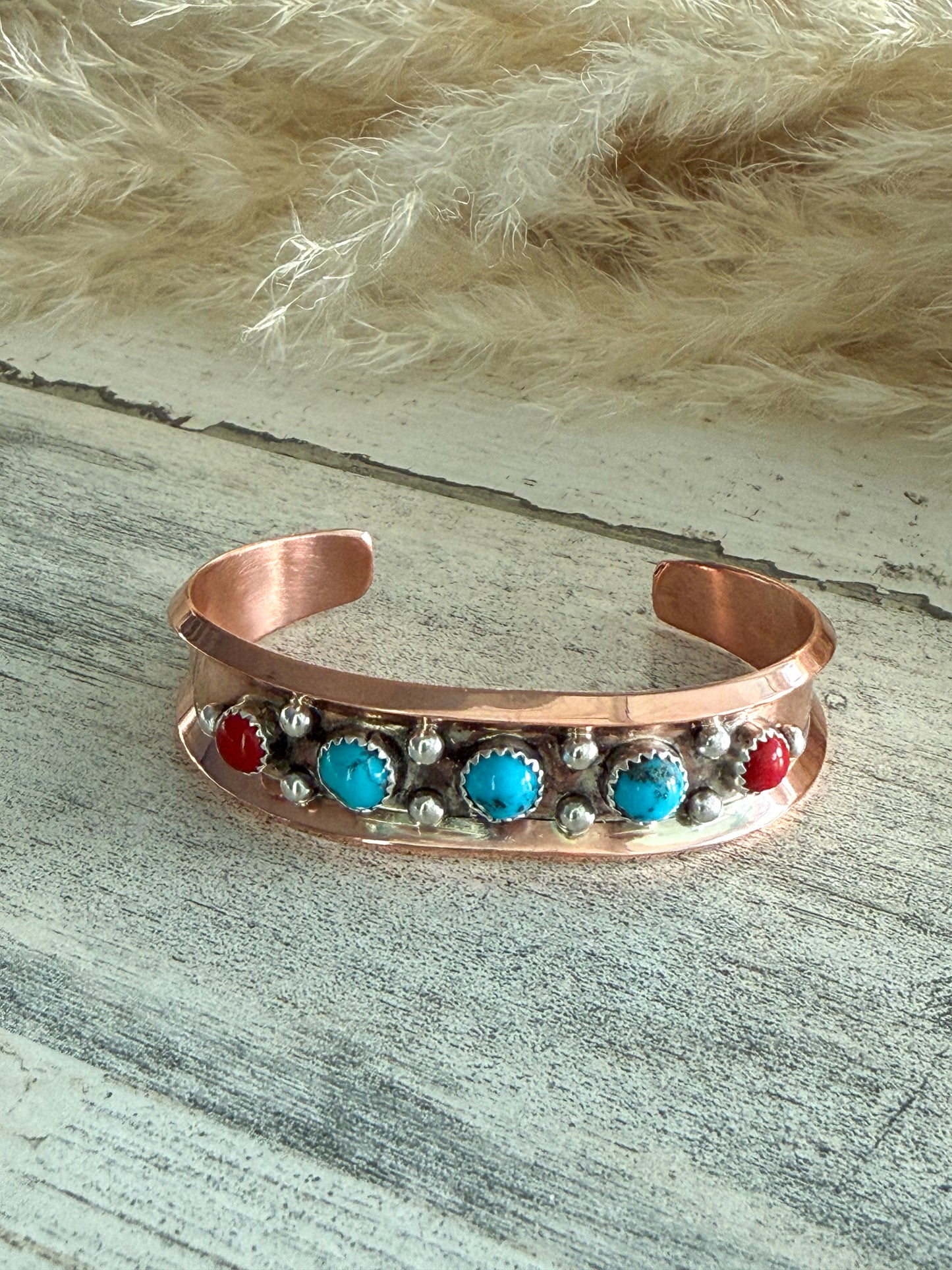 Native American Copper Turquoise & Coral Cuff 6.75"