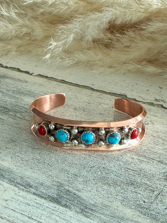 Native American Copper Turquoise & Coral Cuff 6.75"