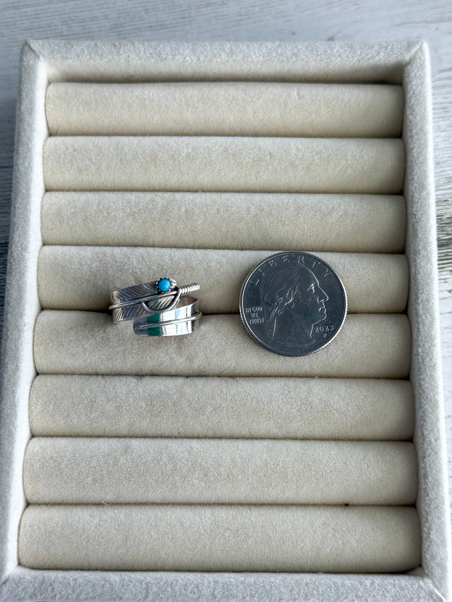 Native American Sterling Feather Turquoise Adjustable Wrap Ring 8.5