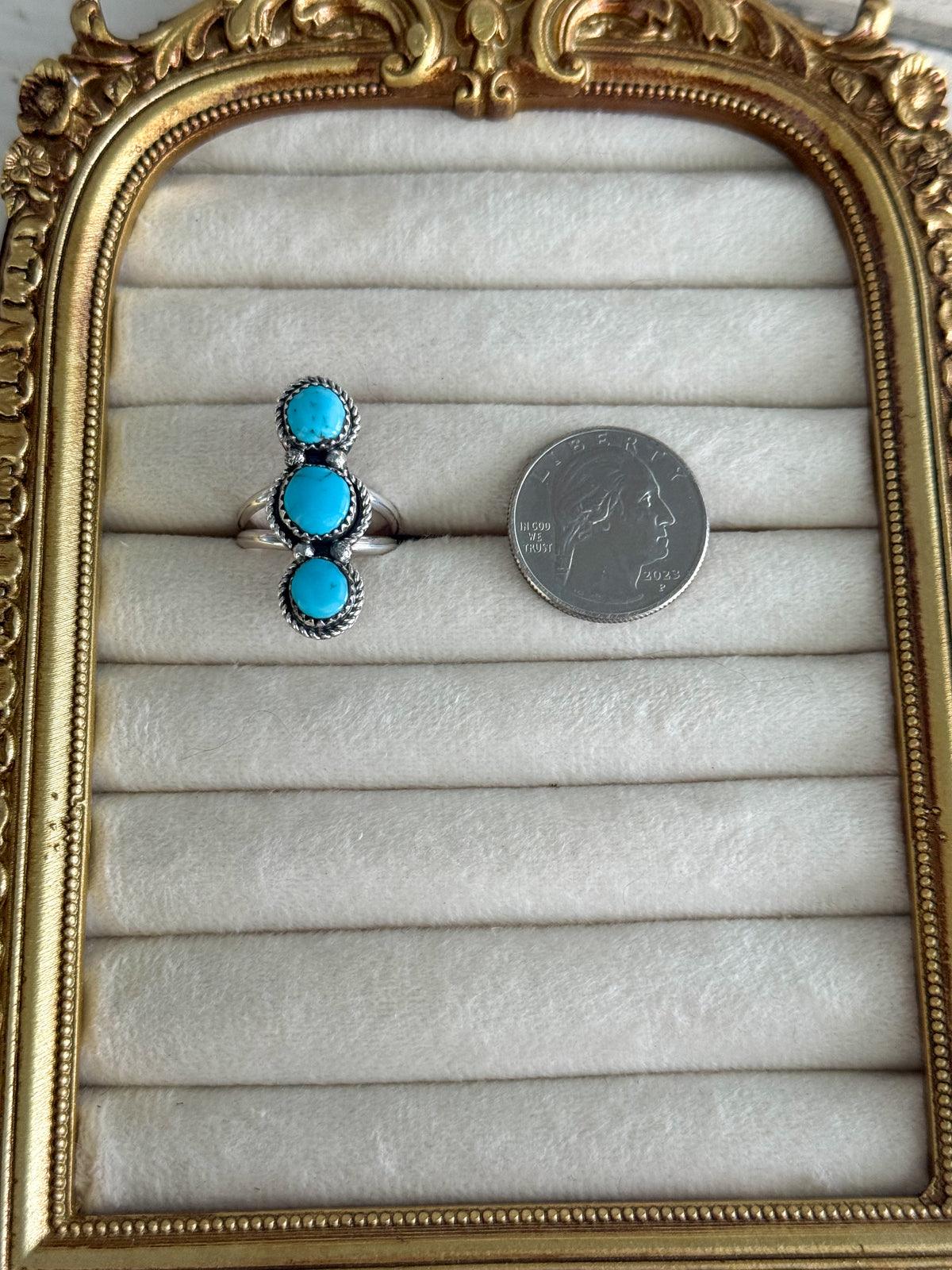 Native American 3 Turquoise Stone Ring 7.5