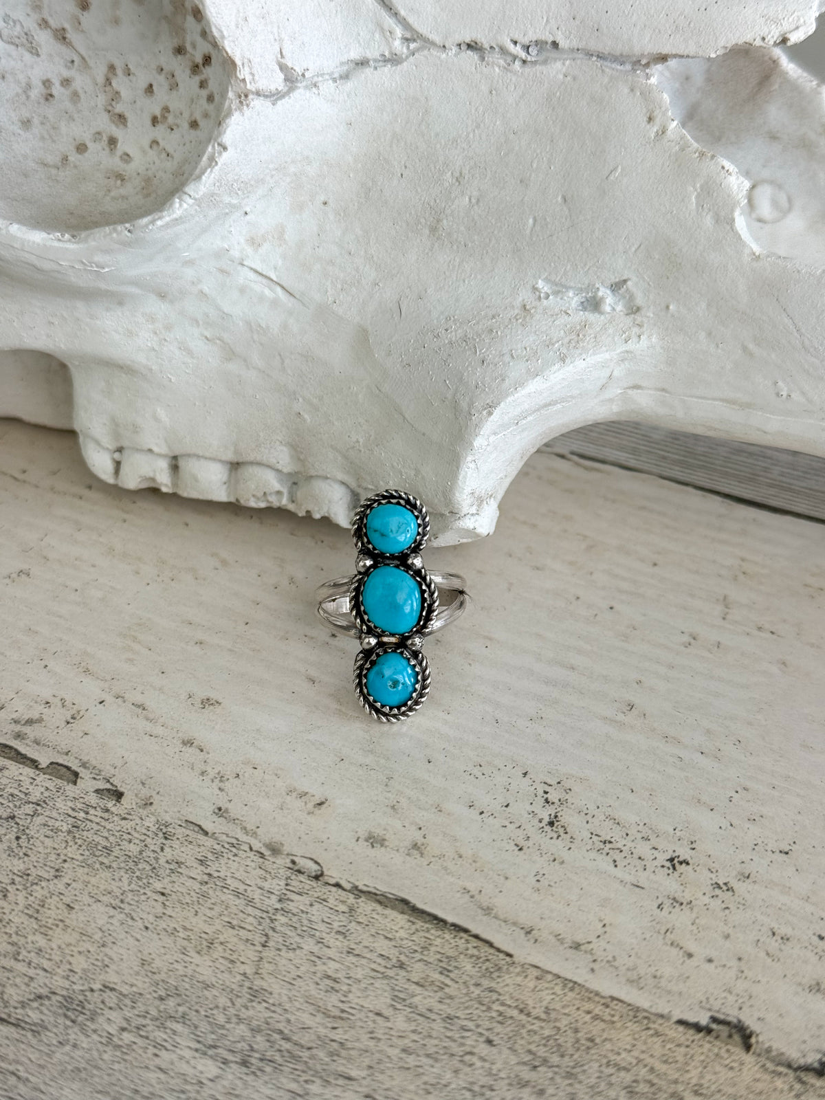 Native American 3 Turquoise Stone Ring 8.5