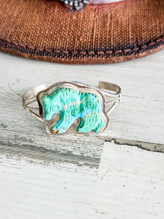 Native American Turquoise Carved Bear Cuff 6.5"