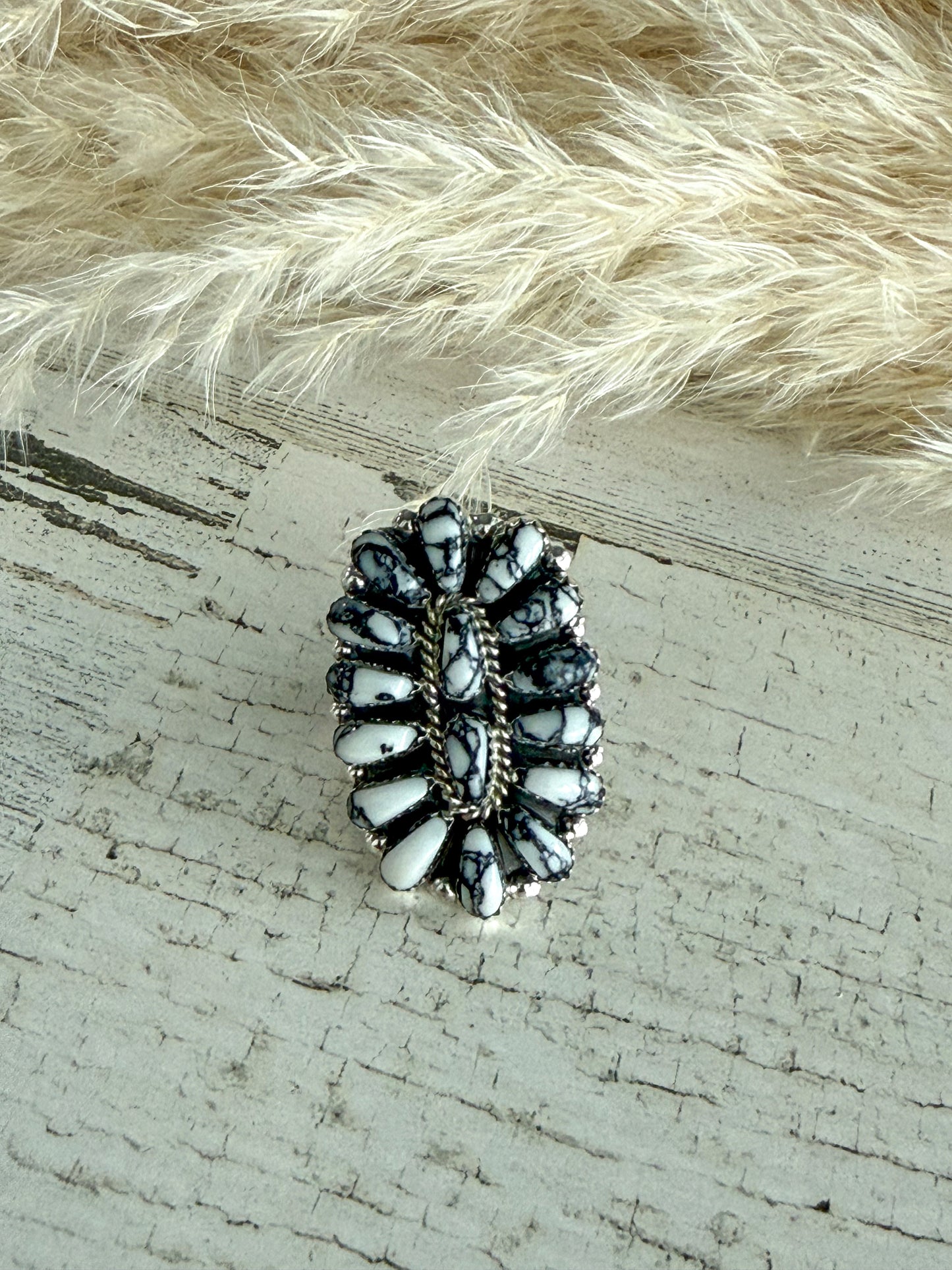Native American White Buffalo Cluster Ring 9.5