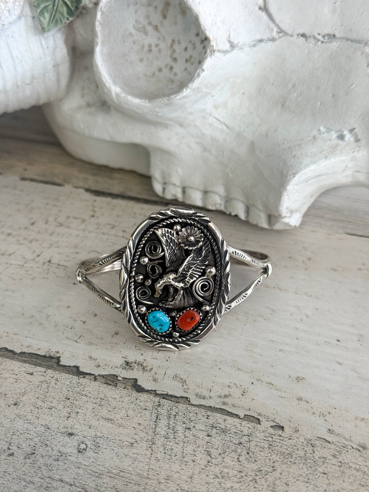Native American Turquoise & Coral Eagle Cuff 6.5”