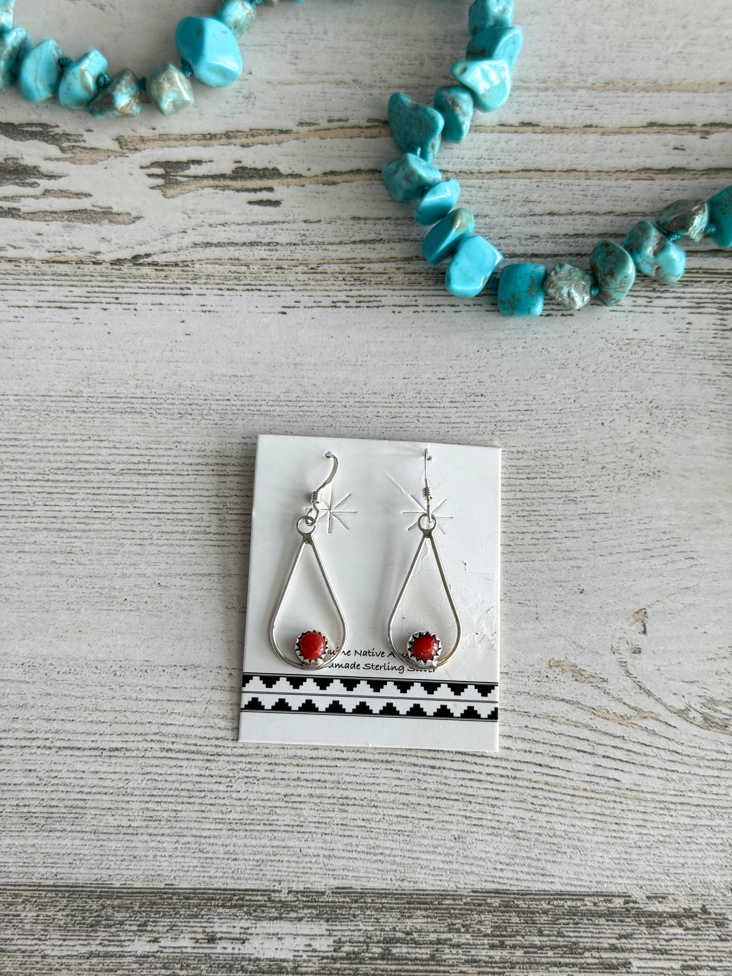Native American Coral Tear Drop Earrings
