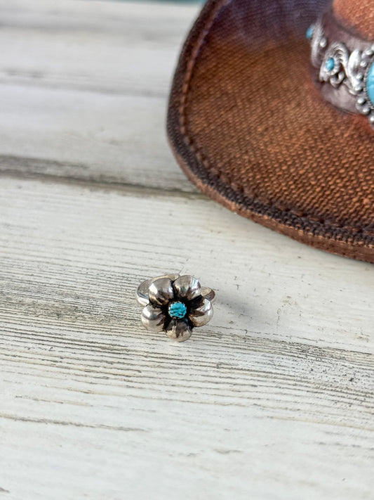 Native American Sterling Flower & Turquoise Ring Adjustable