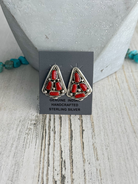 Native American Coral Tear Drop Earrings