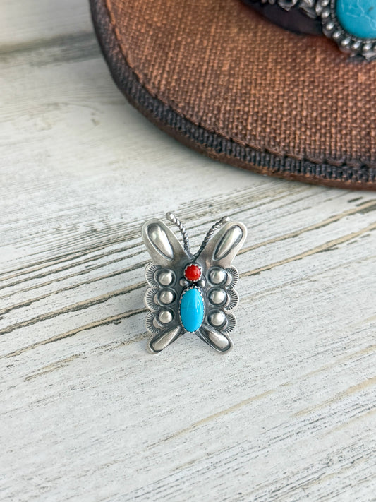 Native American Sterling Butterfly Coral & Turquoise Adjustable Ring
