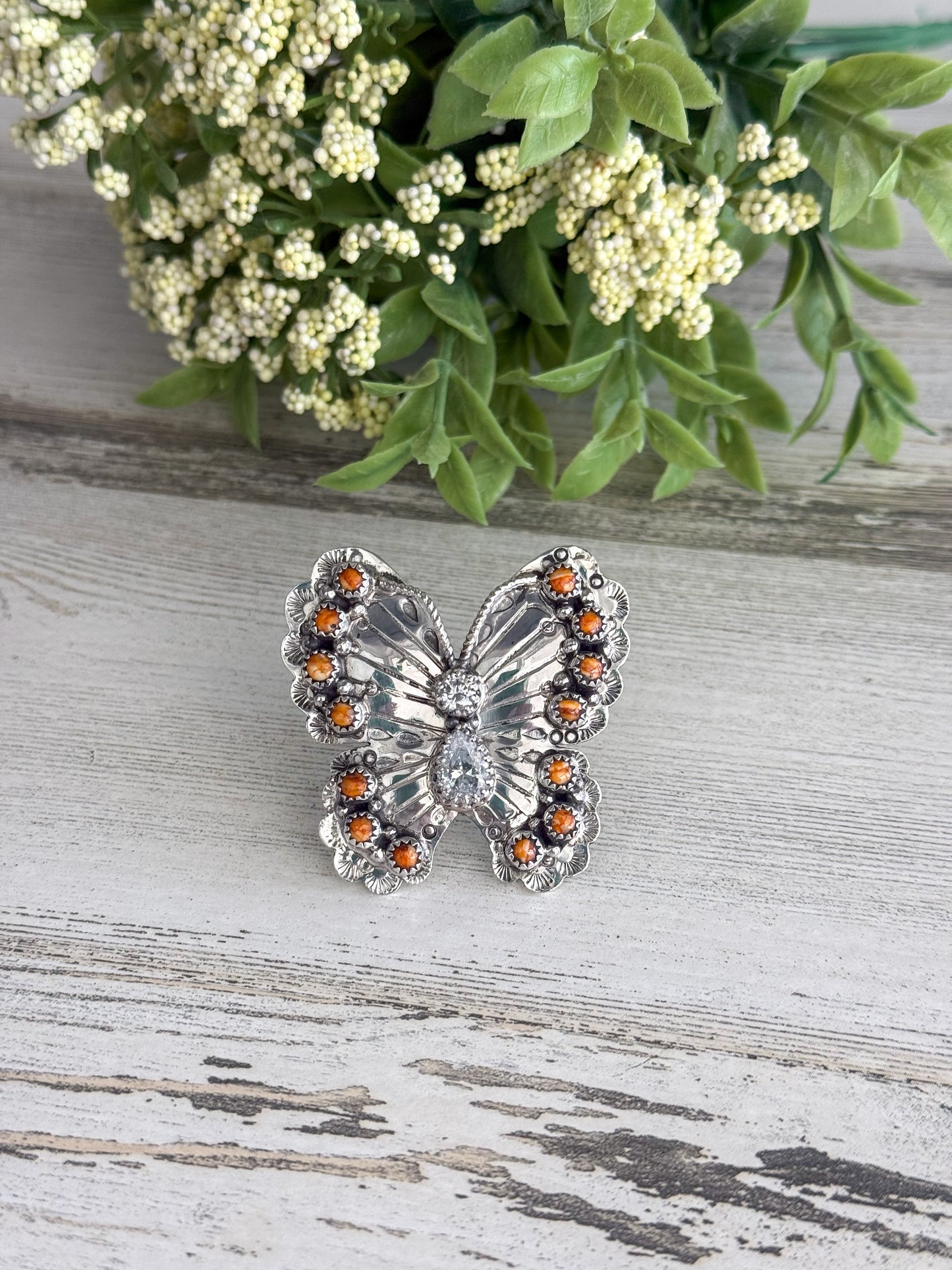 Native American Orange Spiny Butterfly Adjustable Ring