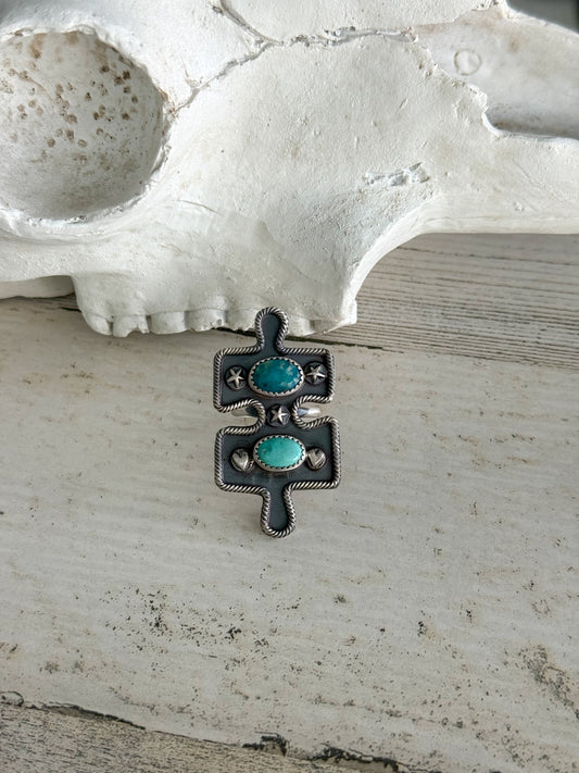 Native American Puzzle Piece Turquoise Ring 7.75