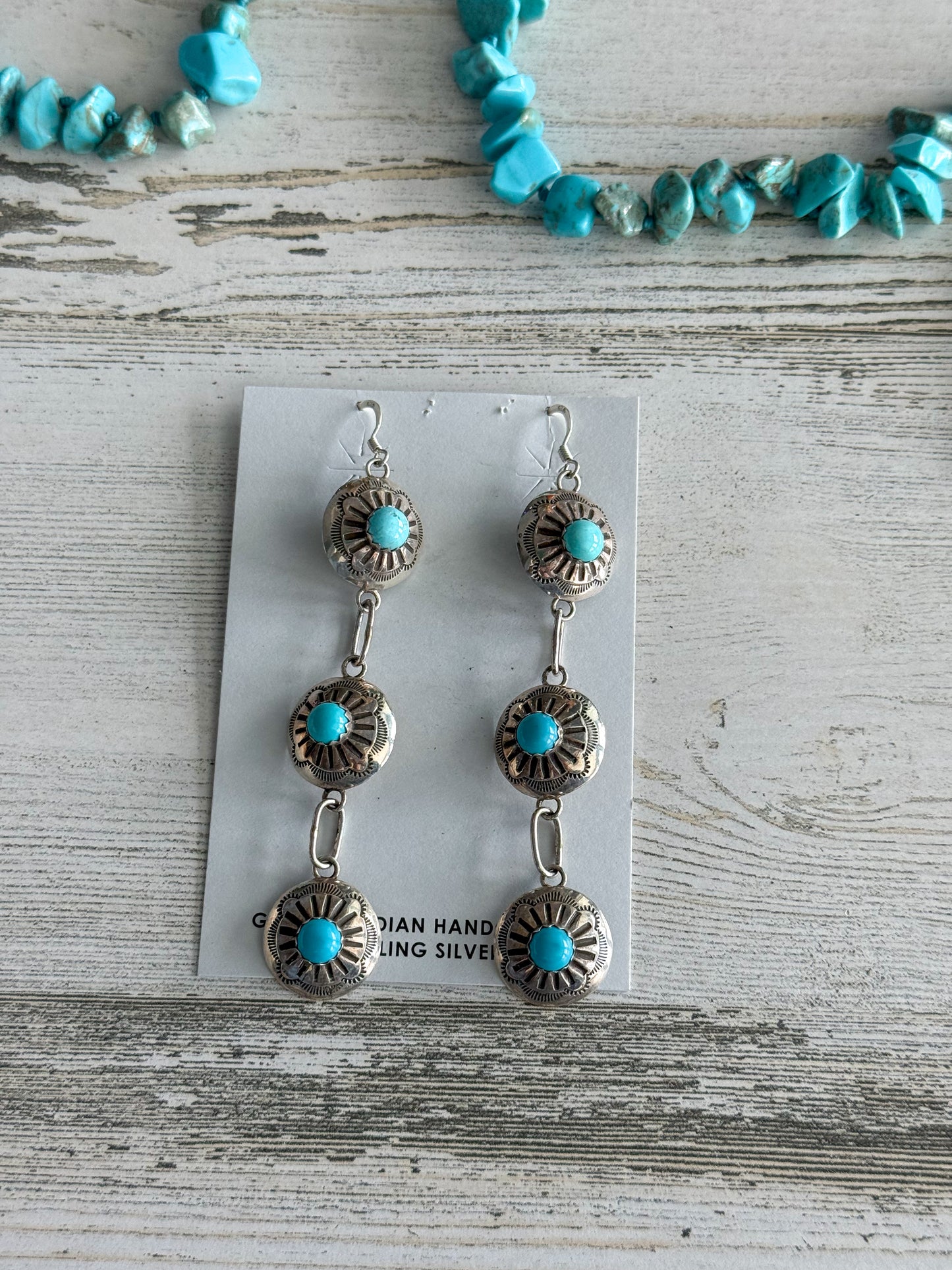 Native American 3 Turquoise Stone Concho Earrings