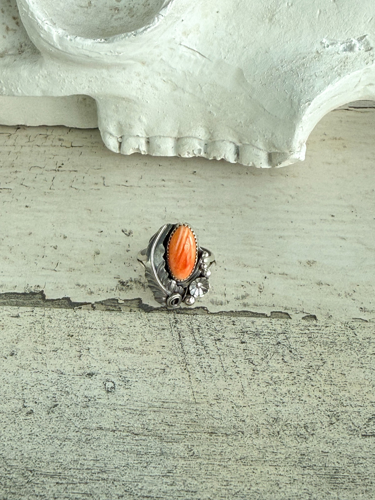 Native American Orange Spiny Leaf Ring 8.5