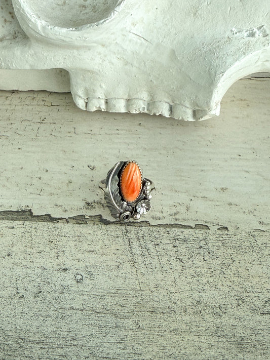 Native American Orange Spiny Leaf Ring 8.5