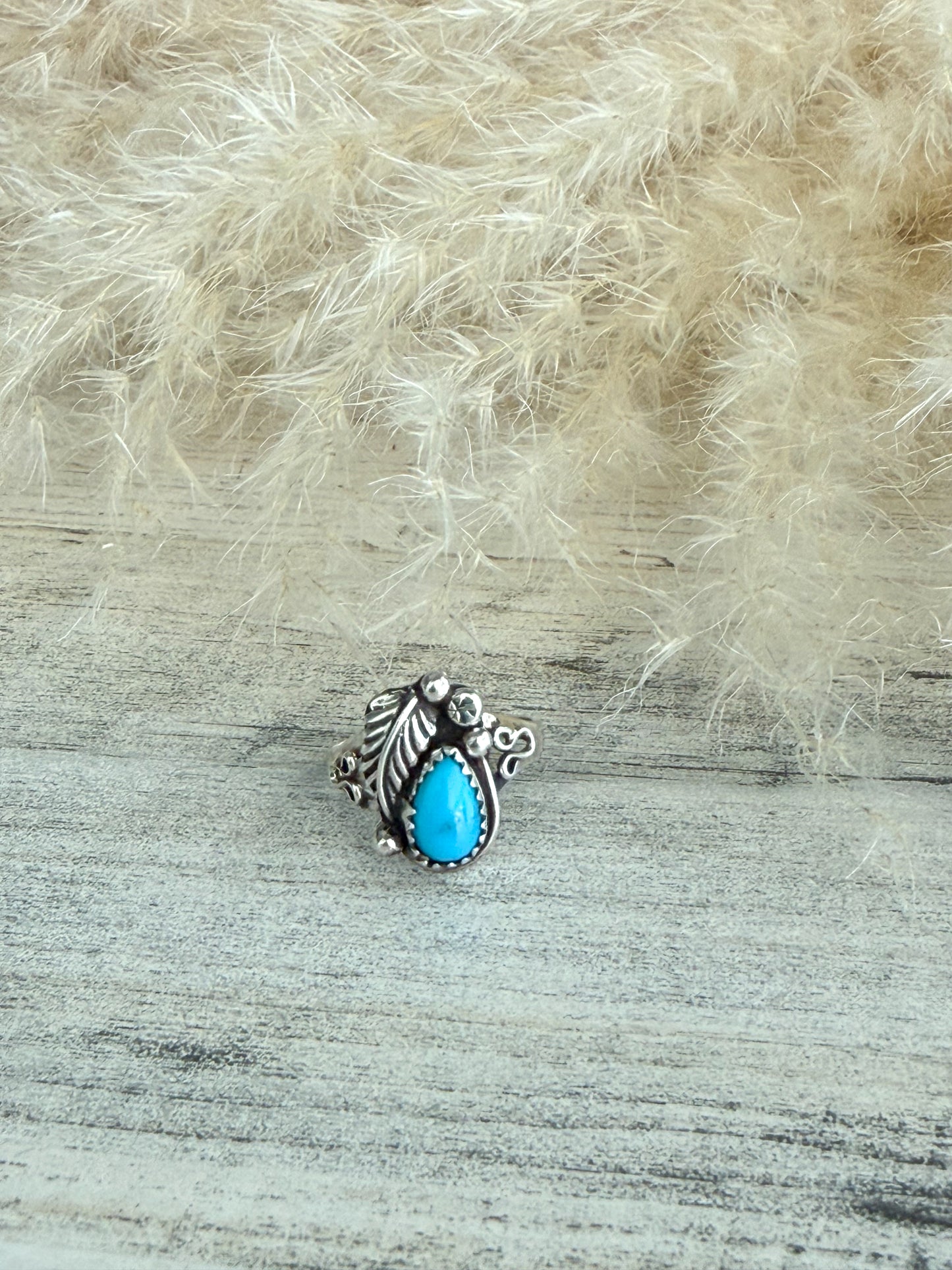 Native American Sterling Cast Leaf Turquoise Ring 8
