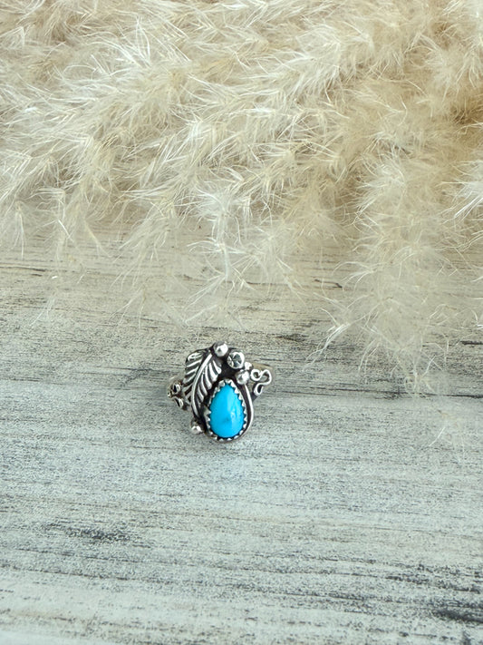 Native American Sterling Cast Leaf Turquoise Ring 8