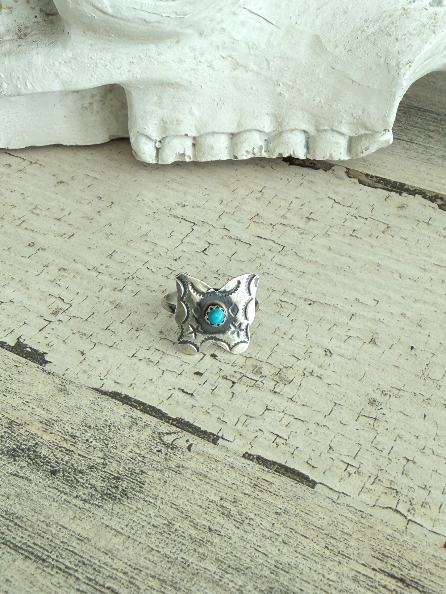 Native American Stamped Turquoise Butterfly Ring 6.5
