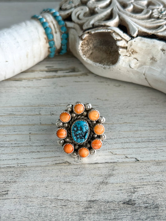 Native American Made Turquoise & Spiny Adjustable Ring