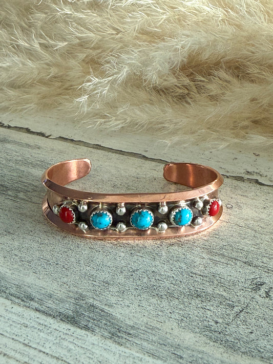 Native American Copper Turquoise & Coral Cuff 6.75"