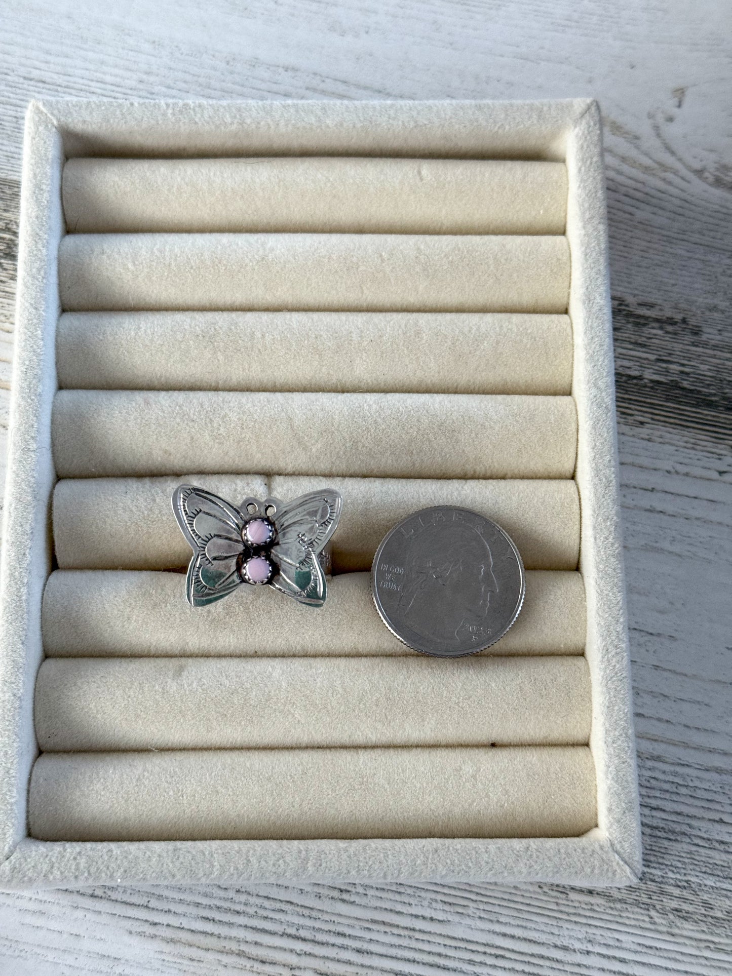 Native American Sterling Butterfly Pink Conch Adjustable Ring
