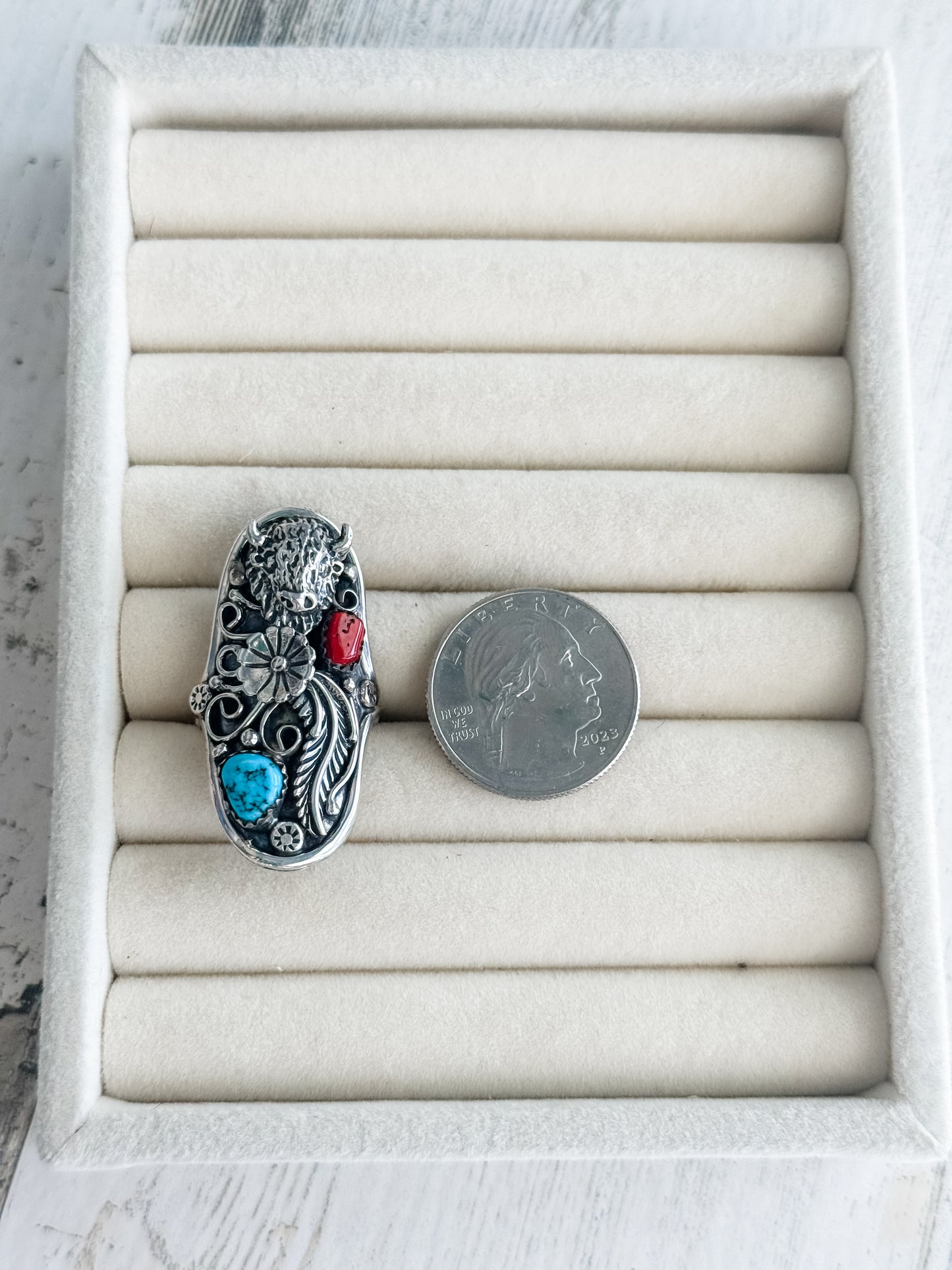 Native American Saddle Coral & Turquoise Buffalo Ring 8