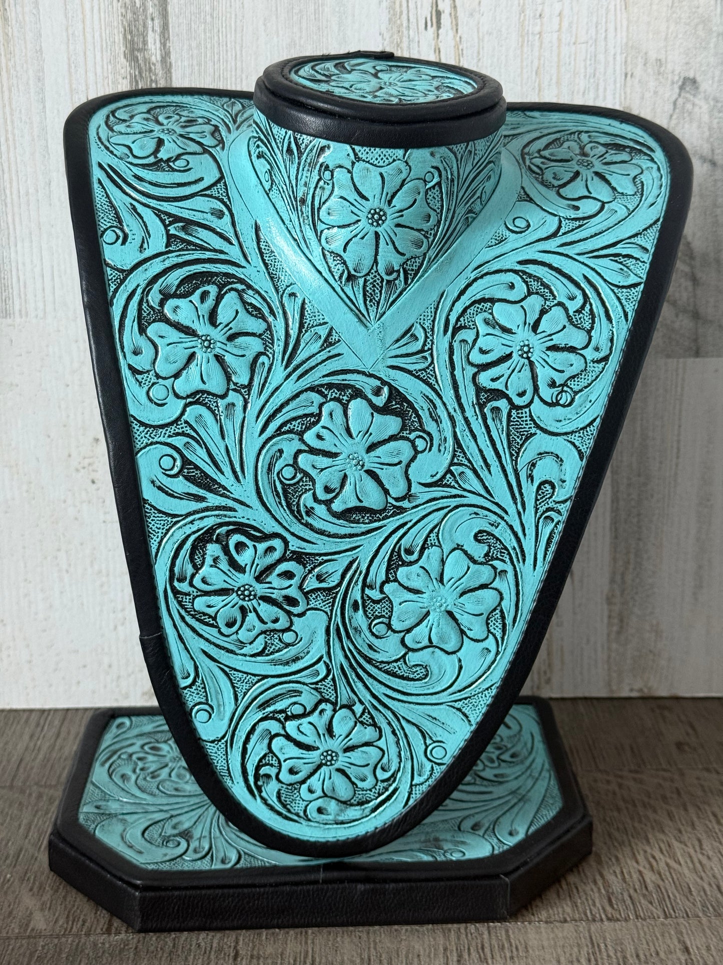 Turquoise Leather Tooled Necklace Display