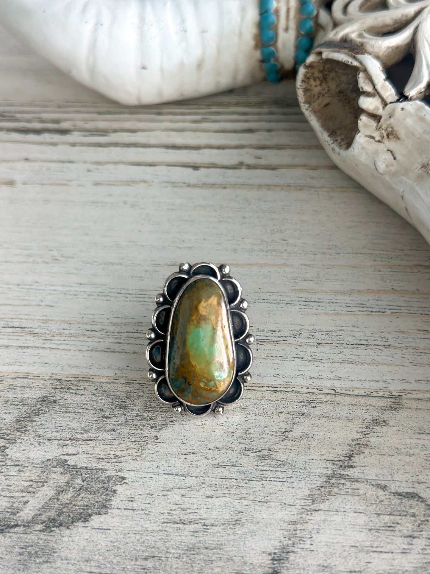 Native Made Green & Brown Emerald Valley Turquoise Ring 7