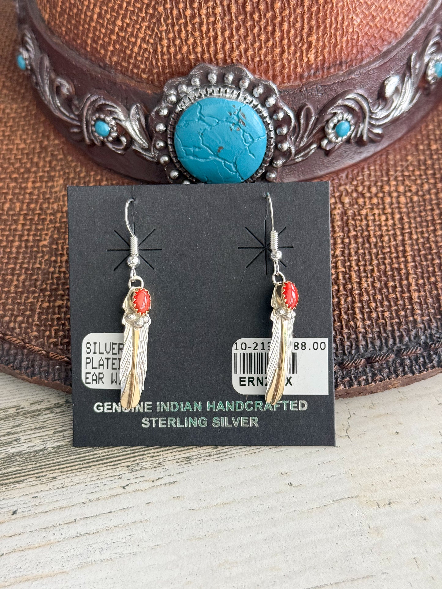 Native American Coral Sterling & Red Brass Leaf Earrings