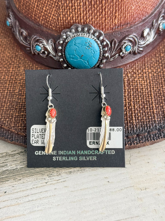 Native American Coral Sterling & Red Brass Leaf Earrings