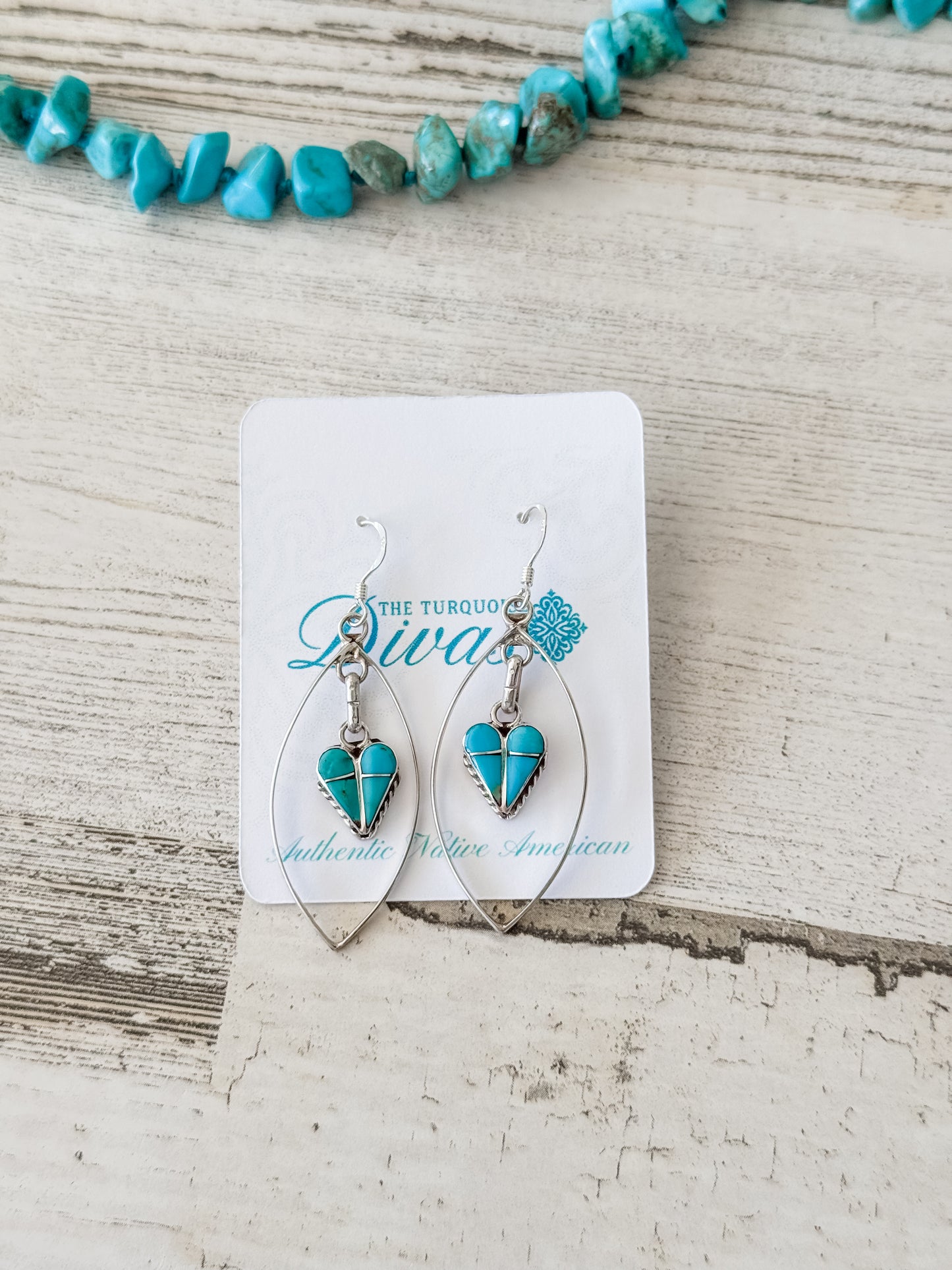 Native American Sterling & Turquoise Heart Dangle Earrings
