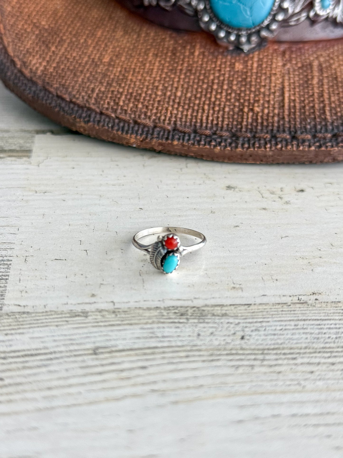 Native American Turquoise & Coral Leaf Ring 7