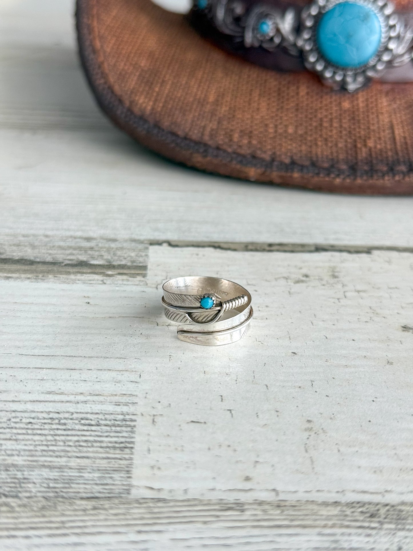 Native American Sterling Feather Turquoise Adjustable Wrap Ring 8.5