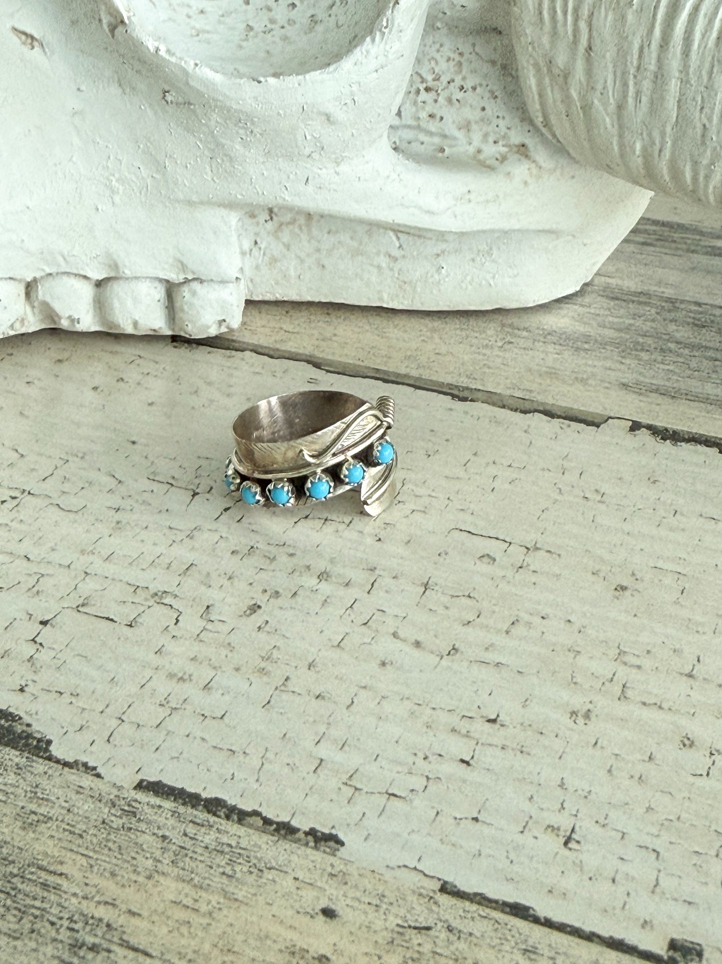 Native American Sterling Turquoise Adjustable Feather Ring
