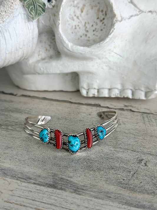 Native American Kingman & Coral V Cuff 6.75”