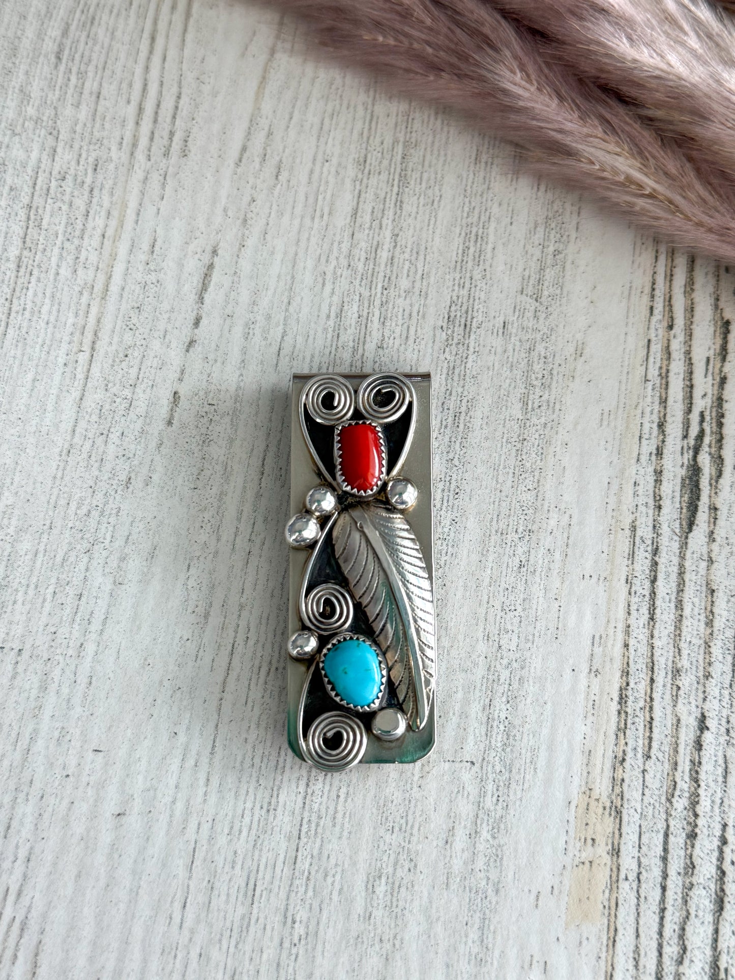 Native American Kingman & Coral Money Clip