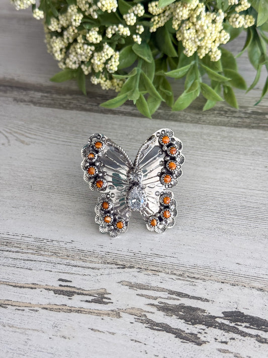 Native American Orange Spiny Butterfly Adjustable Ring