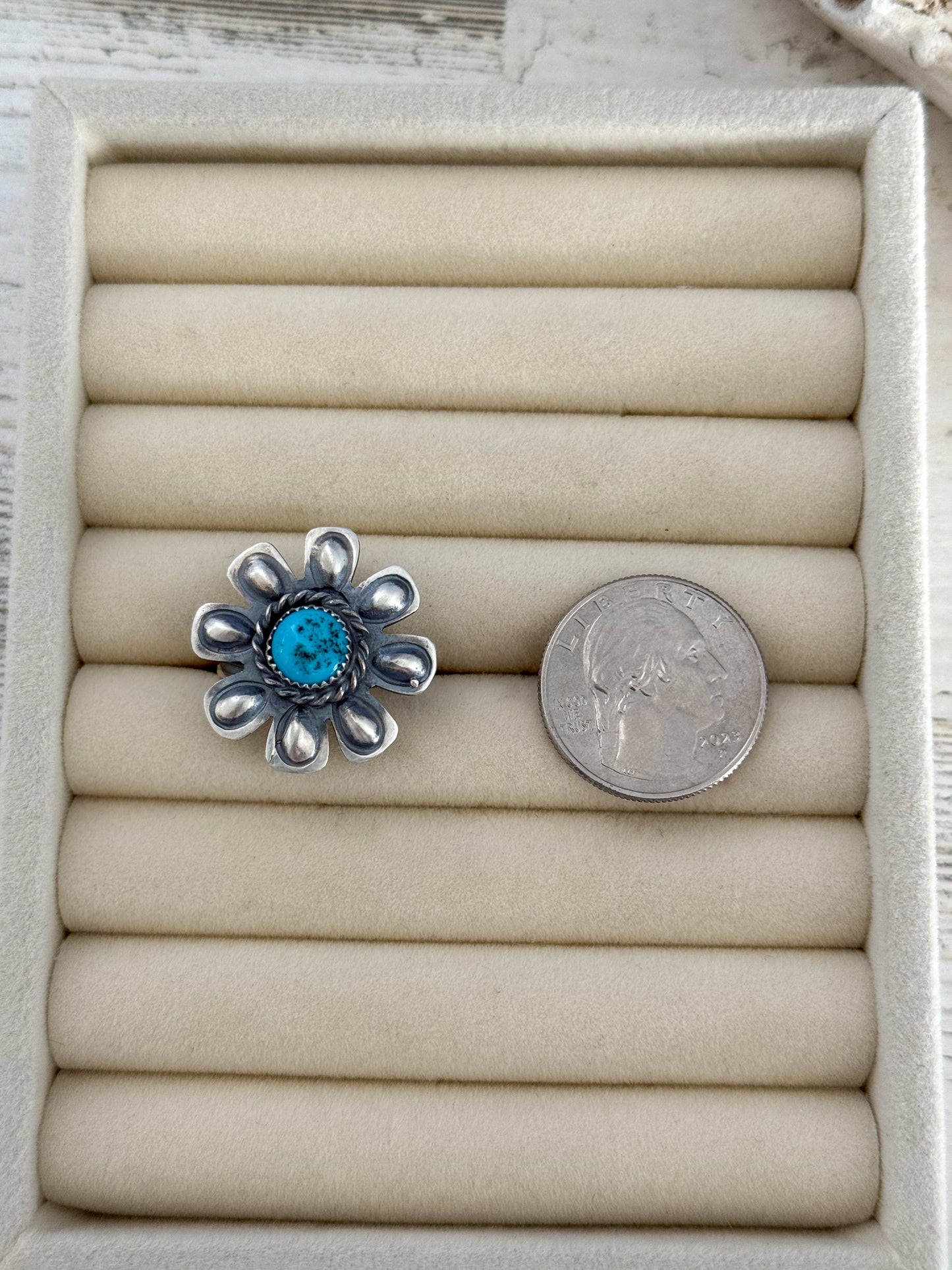 Native Made Turquoise Flower Ring Size 8