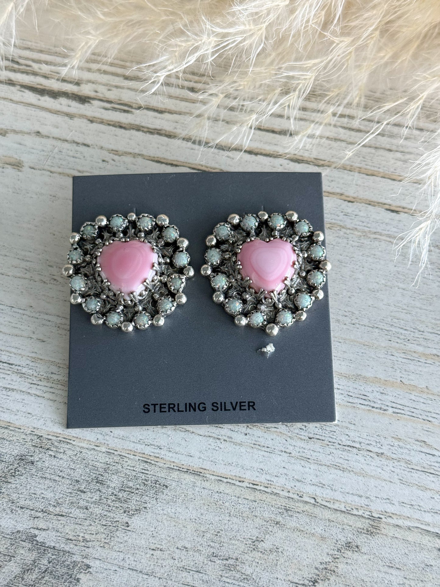 Native American Pink Conch Heart Earrings