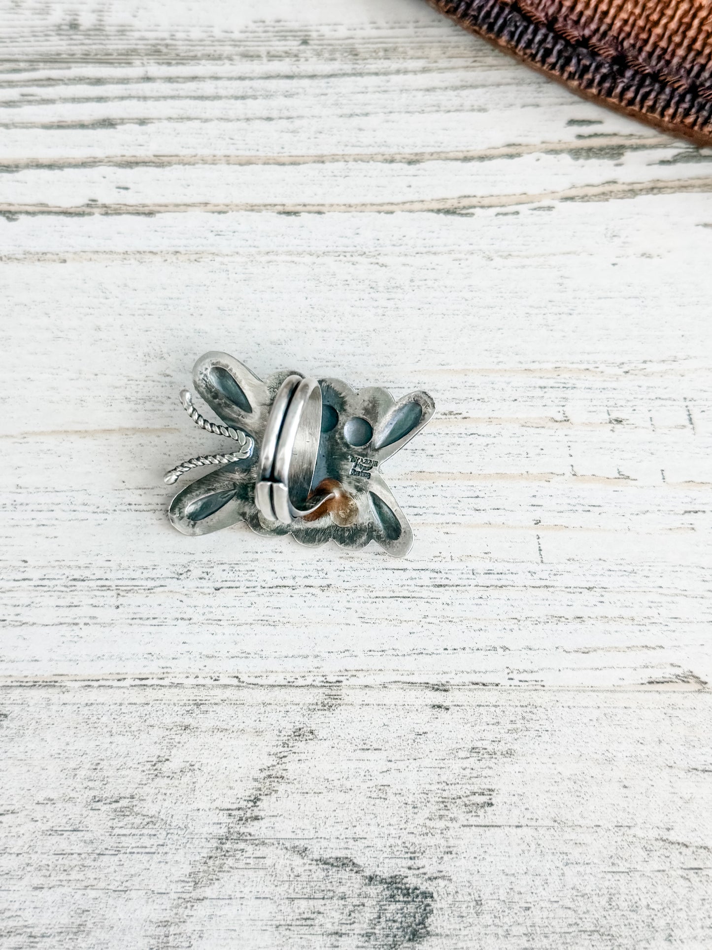 Native American Sterling Coral & Turquoise Butterfly Adjustable Ring