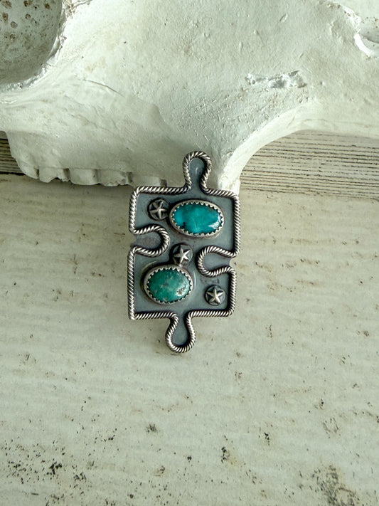 Native American Puzzle Piece Turquoise Adjustable Ring