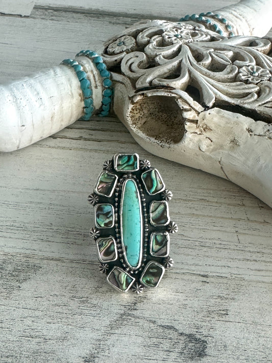 Native Made Turquoise & Abalone Ring Adjustable