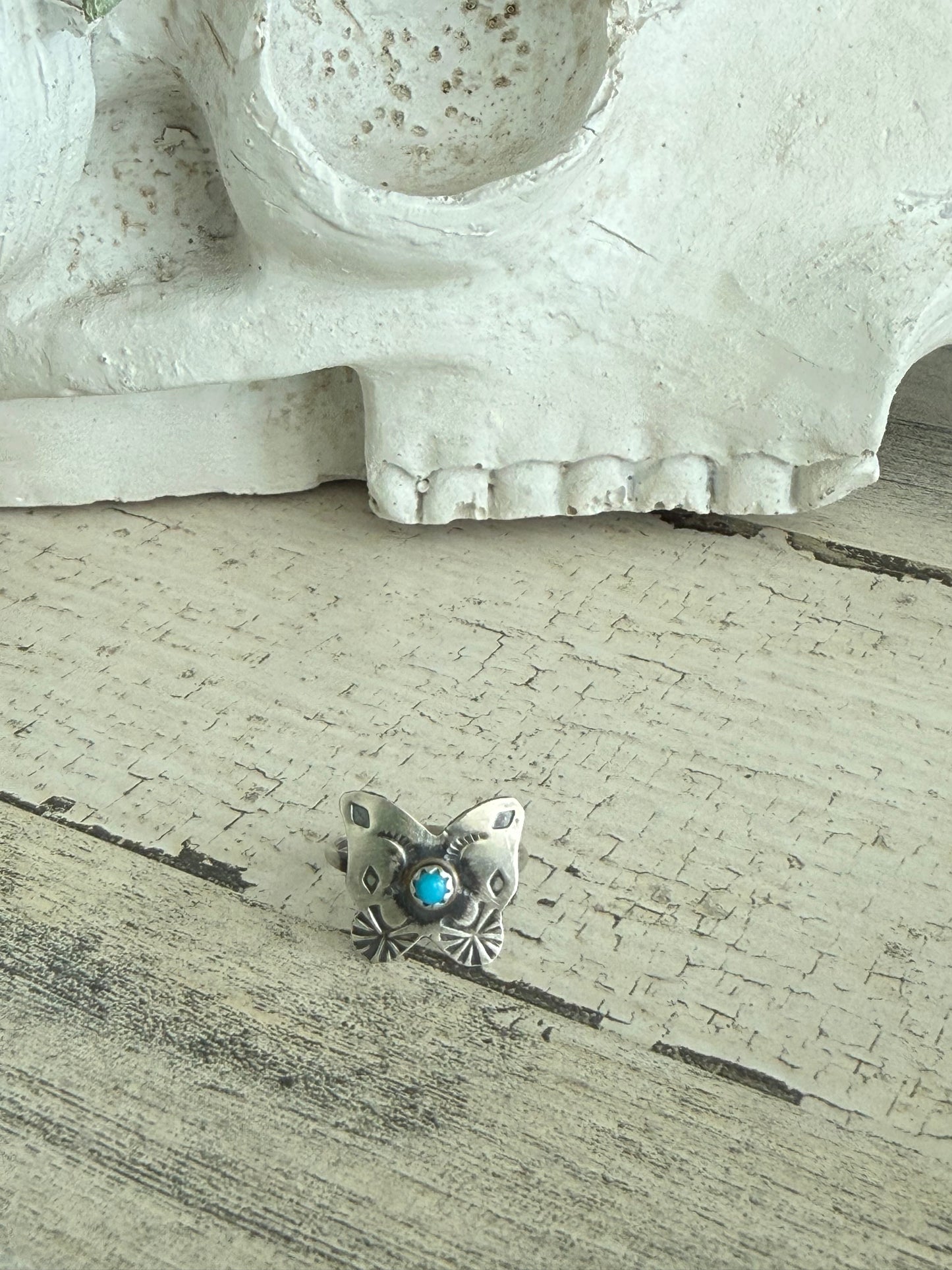 Native American Stamped Turquoise Butterfly Ring 6.5