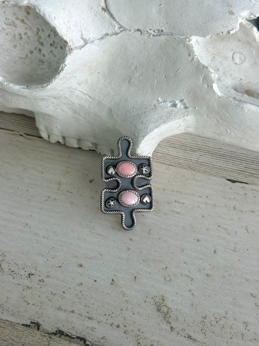 Native American Puzzle Piece Pink Conch Adjustable Ring