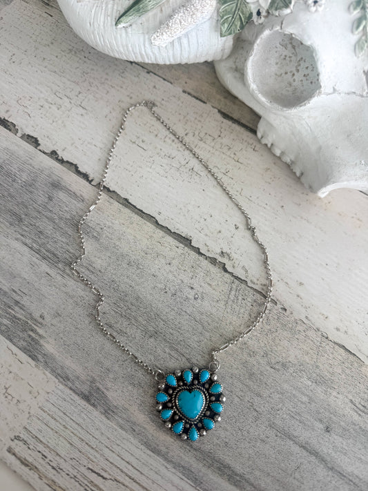 Native American Sleeping Beauty Heart Cluster Necklace 18"