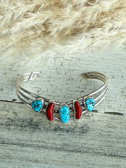 Native American Kingman & Coral V Cuff 6.25"
