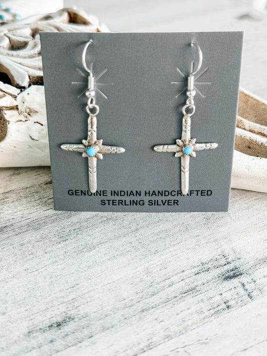 Native American Sterling & Turquoise Cross Earrings