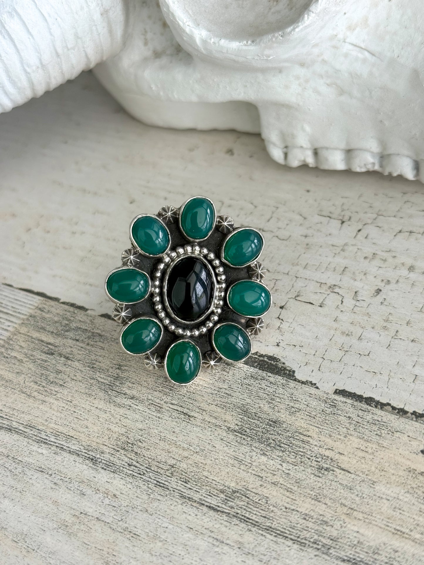 Native American Black & Green Onyx Cluster Ring
